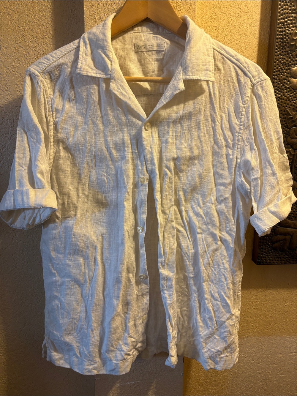Zara White Short-Sleeve Linen Button-Down Shirt